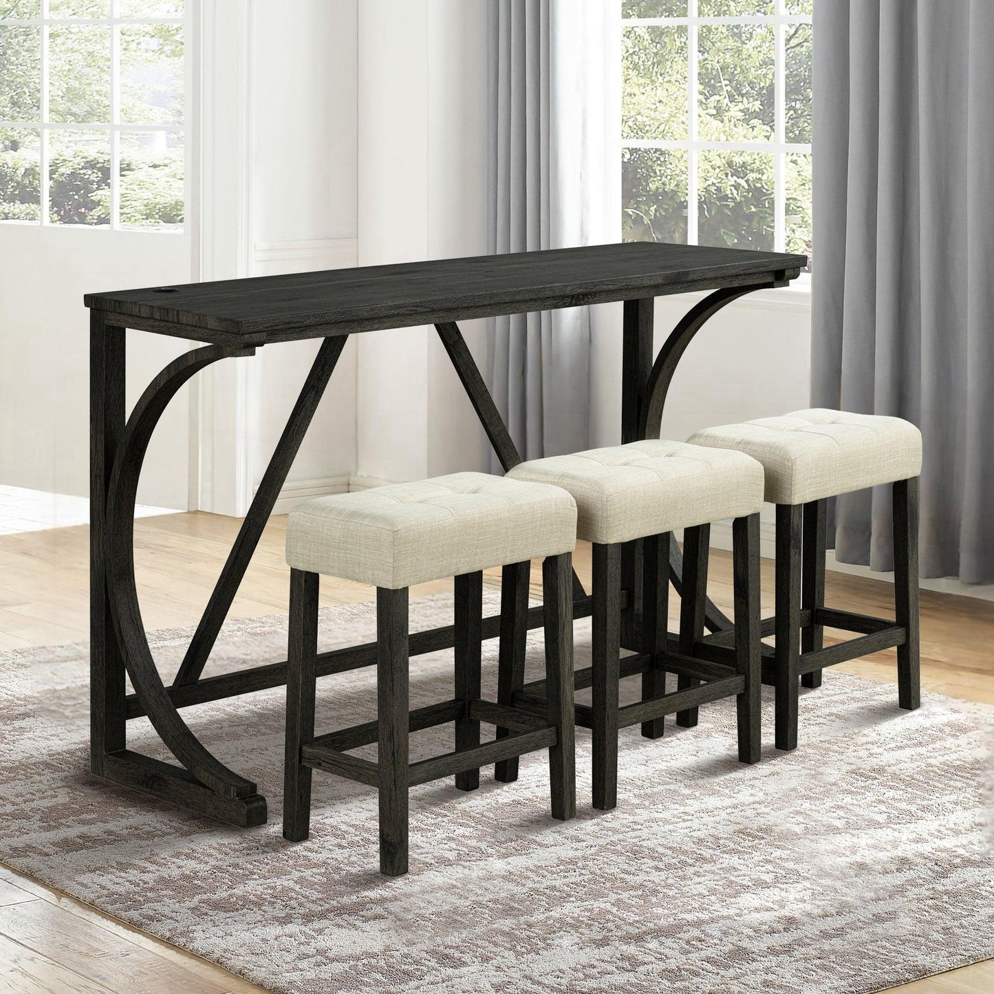 59" Rustic Dining&Bar Table Set with 3 Stools for Apartment, USB-A & USB-C Charging Ports