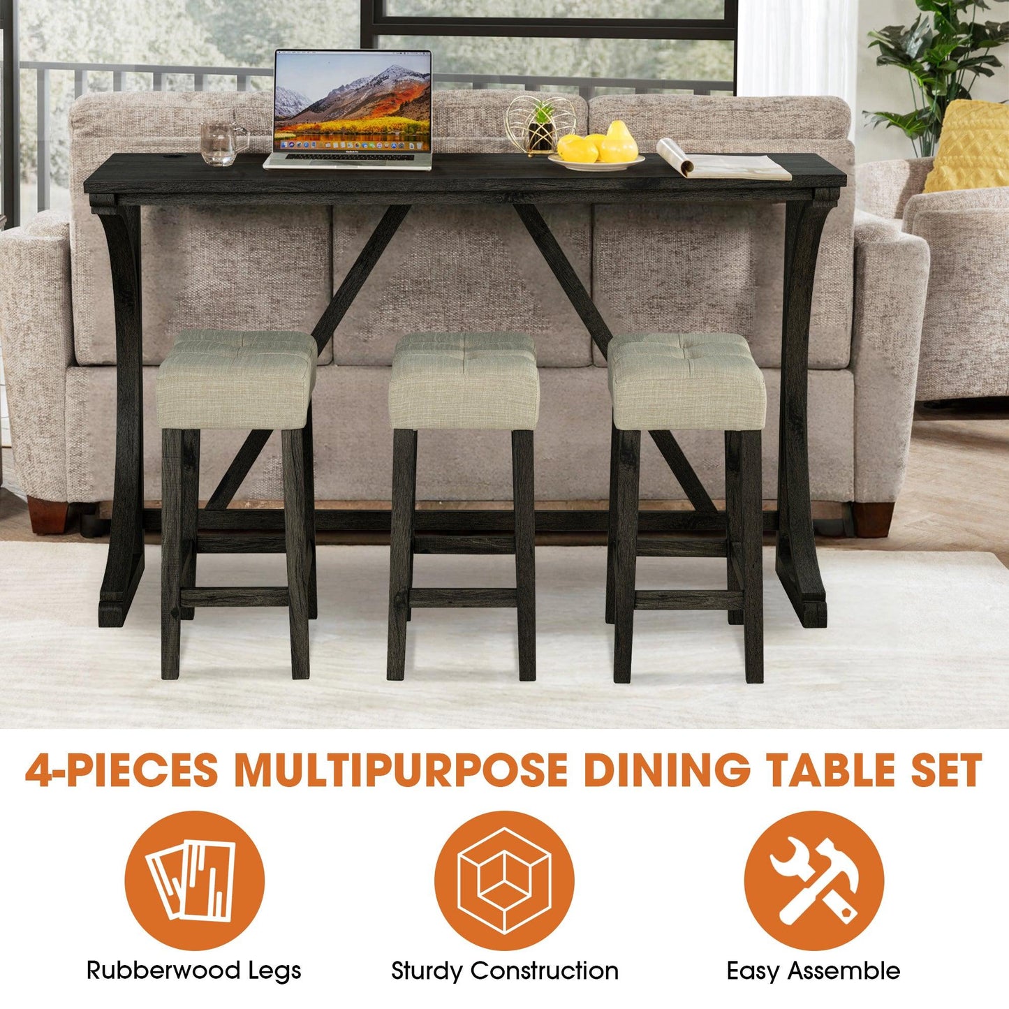 59" Rustic Dining&Bar Table Set with 3 Stools for Apartment, USB-A & USB-C Charging Ports
