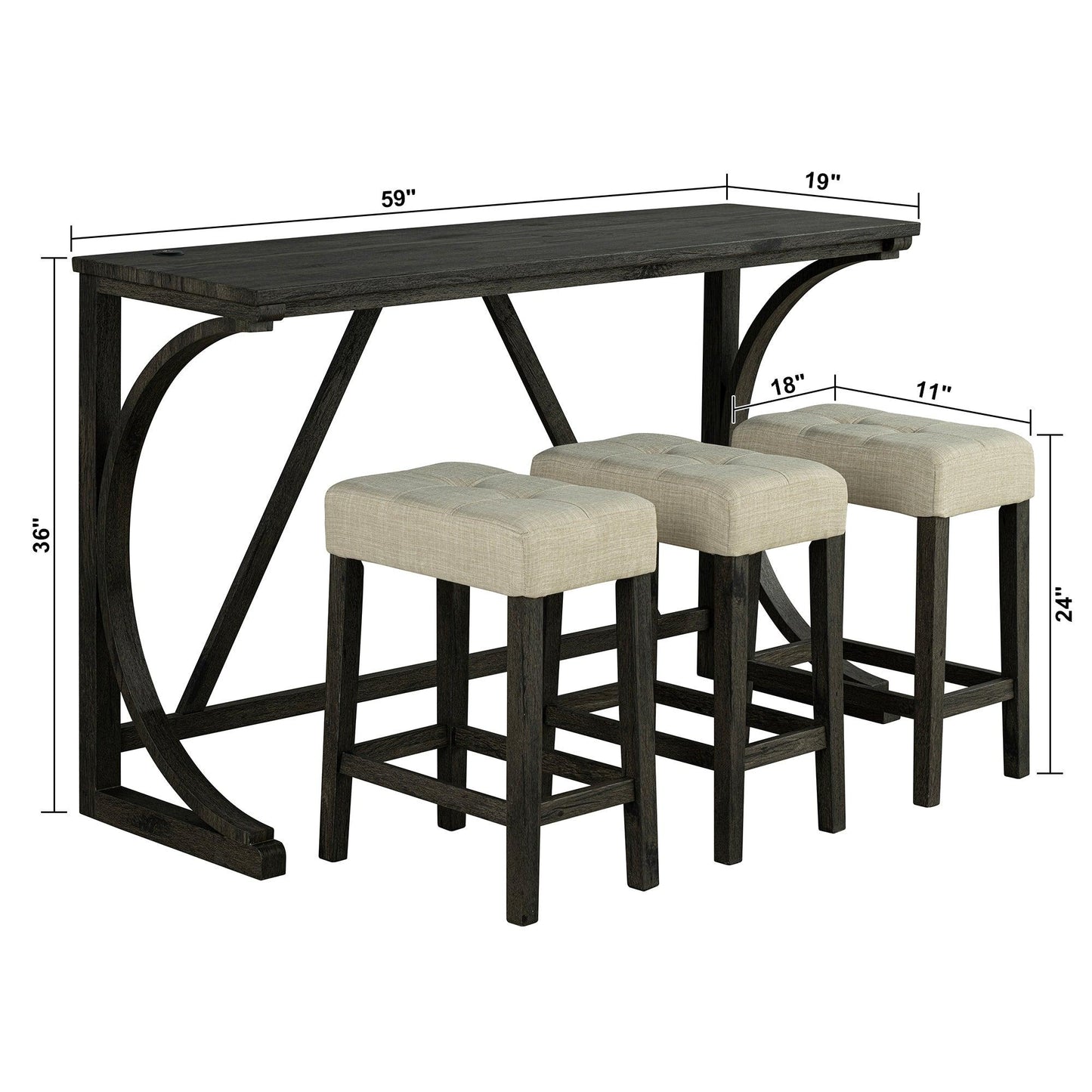 59" Rustic Dining&Bar Table Set with 3 Stools for Apartment, USB-A & USB-C Charging Ports
