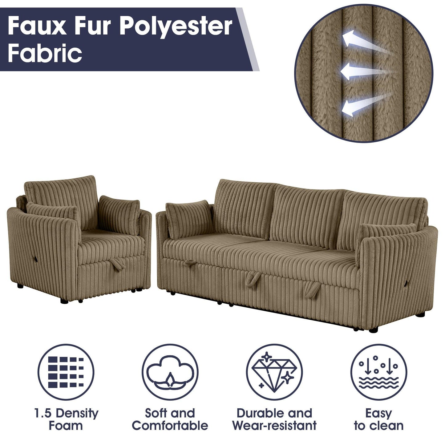 Brown Faux Fur Oversized Convertible Sleeper Sectional Sofa Couch Daybed and Chair Pull Out with 2 Pillows, USB Charging Ports for Living Room