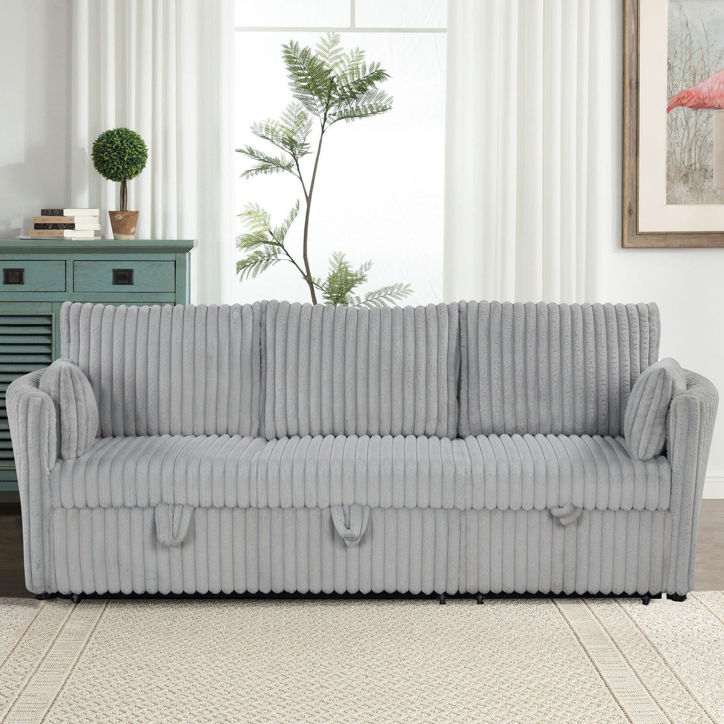 Light Gray Faux Fur Oversized Convertible Sleeper Sectional Sofa Couch Daybed and Chair Pull Out with 2 Pillows, USB Charging Ports for Living Room