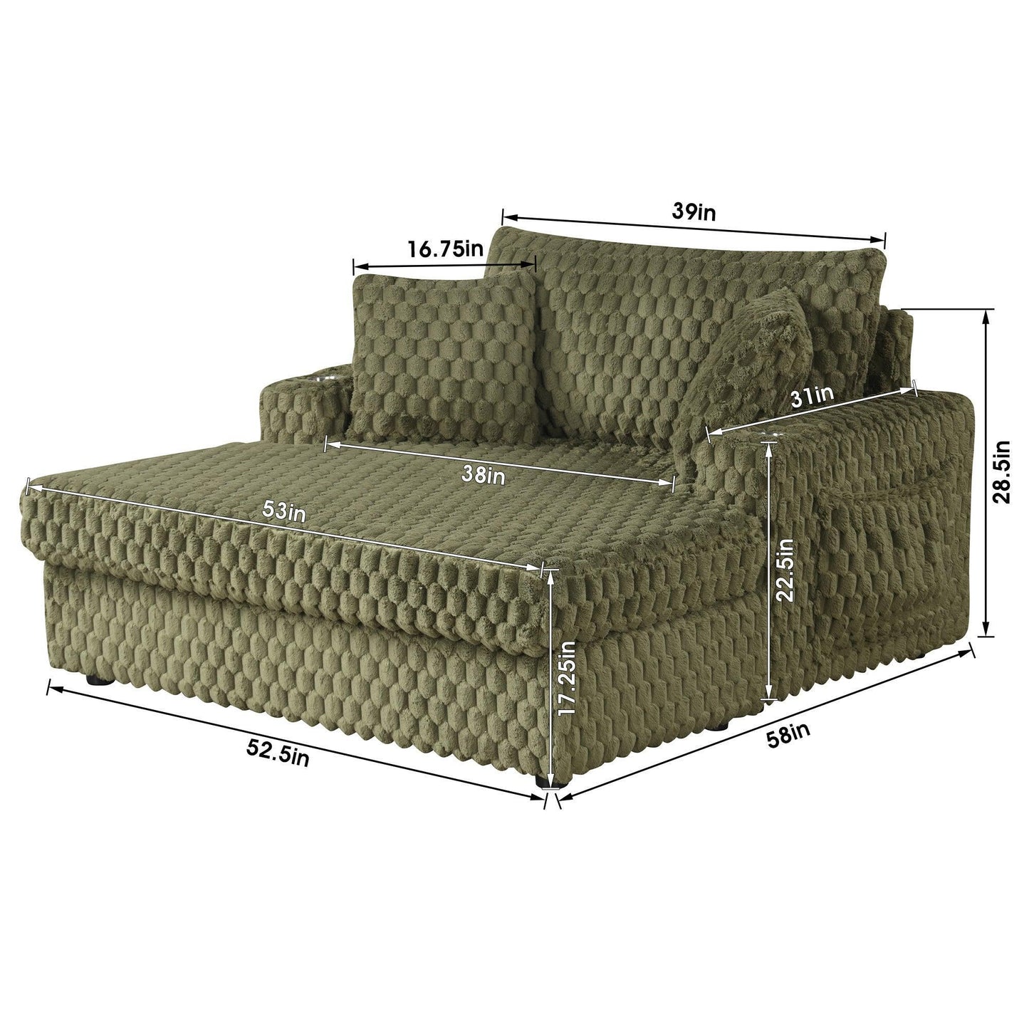54 Inch Contemporary Indoor Upholstered Chaise Lounge Plush Sleeper Chair with Throw Pillows, 2 Cup Holders and Magazine Bags for Living Room