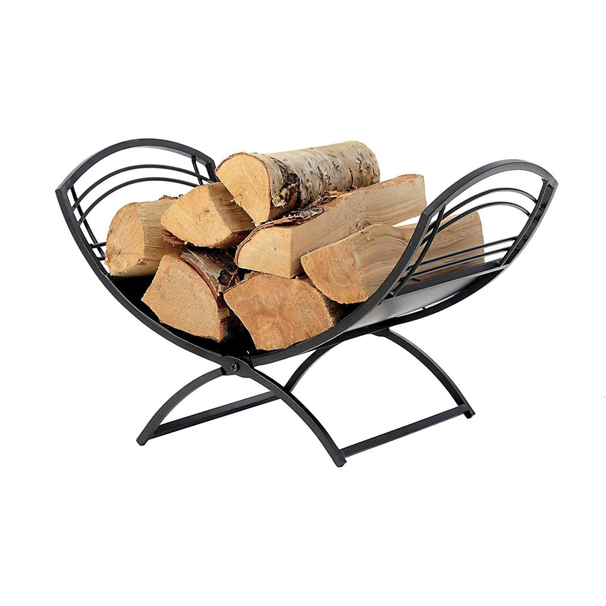Black metal firewood holder with logs on a white background