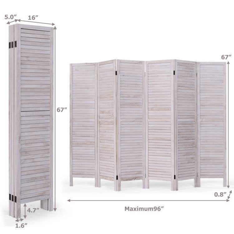 6-Panel Classic Louver Slatted Room Divider Screen in White Wood Finish