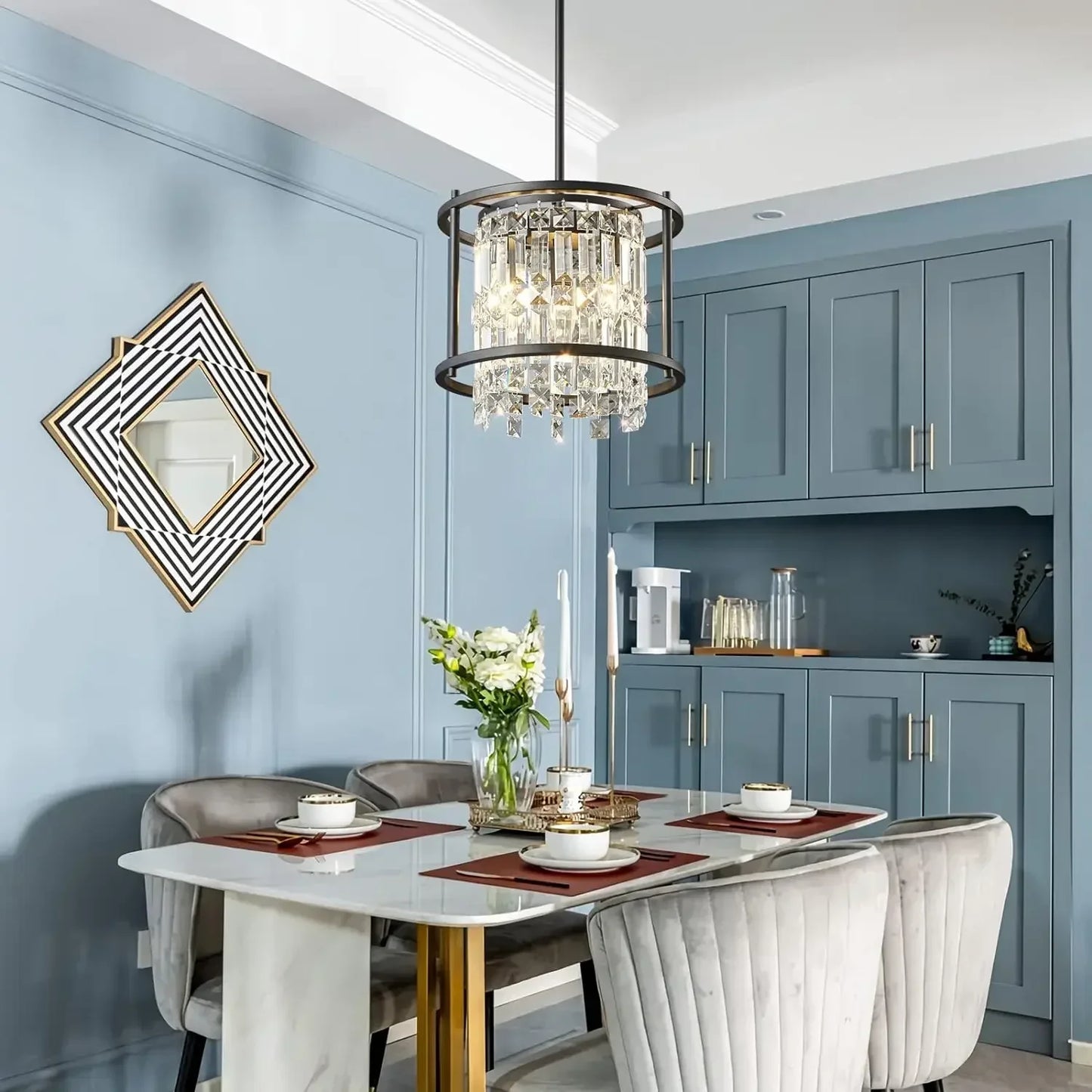Industrial Farmhouse Chandelier - Black Metal and Crystal Pendant Ceiling Light Fixture