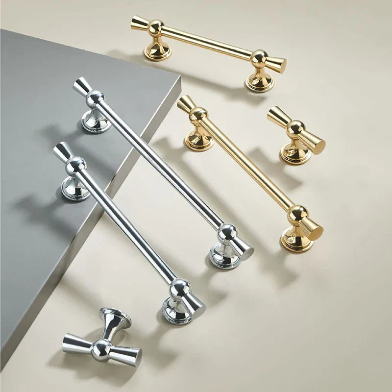 Polished Gold and Silver T-Bar Cabinet Handles – Modern Drawer and Wardrobe Pulls (55mm-220mm)
