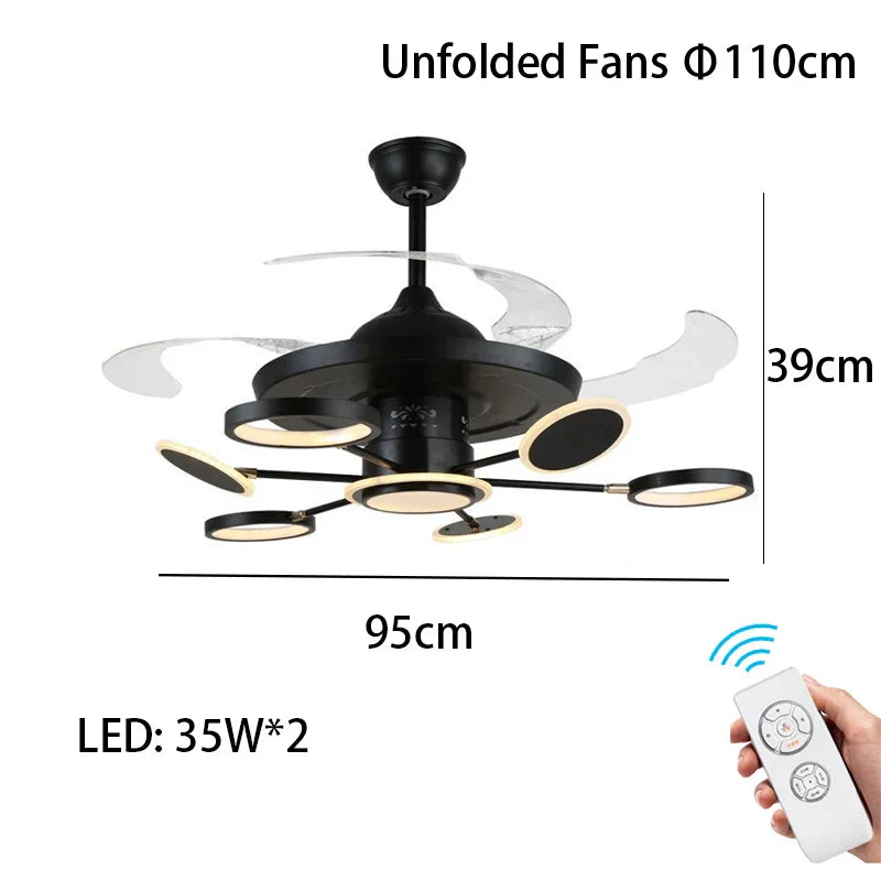 Nordic Ceiling Fans with LED Light - Remote Control Silent Retractable Blades Lamp for Home