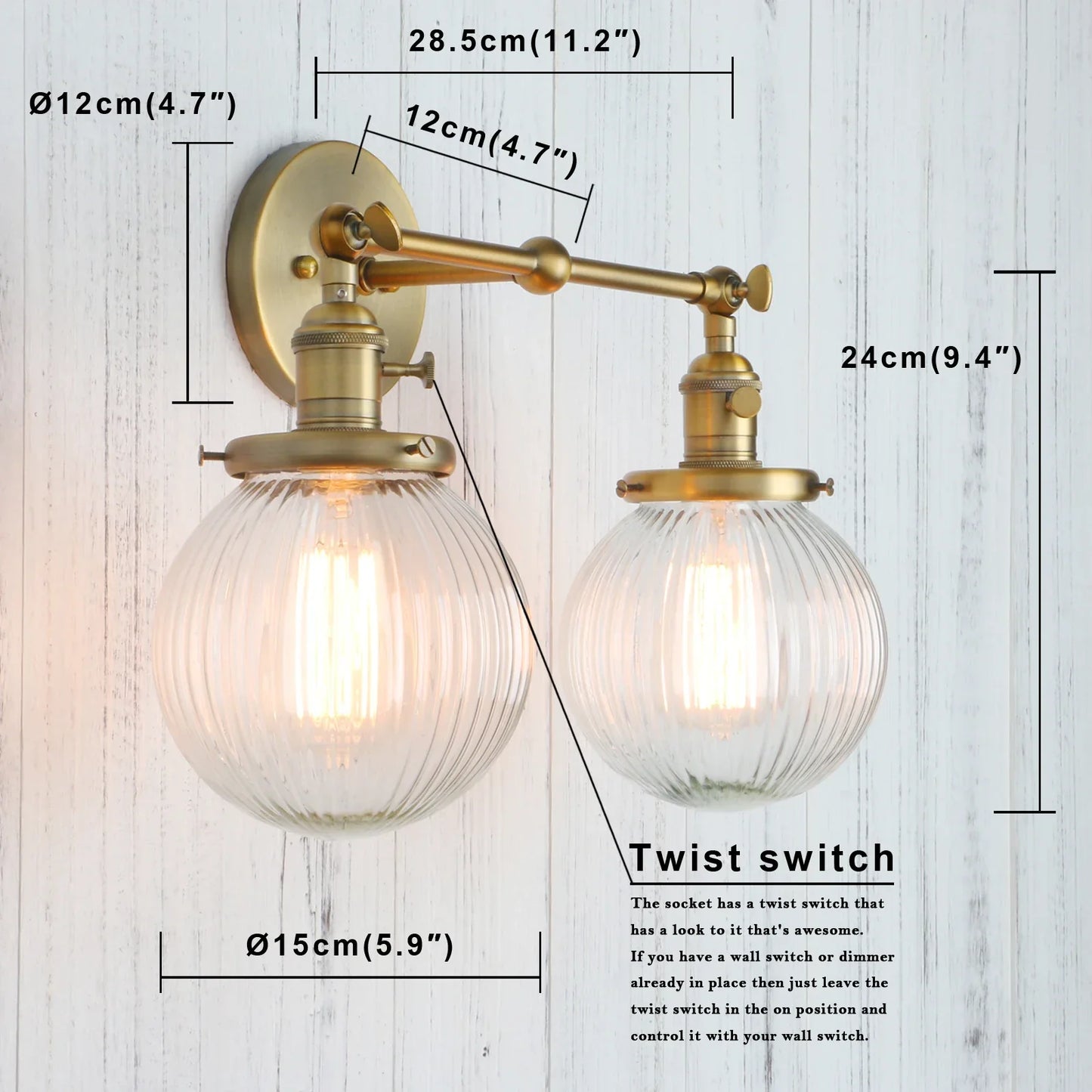 Phansthy Vintage Double Head Wall Sconces - Retro Rustic Wall Lamps with Globe Glass Shades and Switch