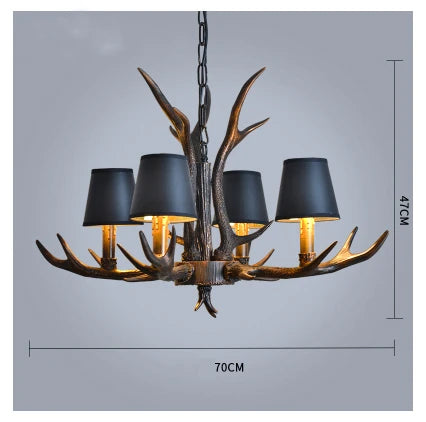 American Industrial Antler Chandelier with Vintage Black Lampshade - Perfect for Dining Rooms, Villas, and Living Spaces