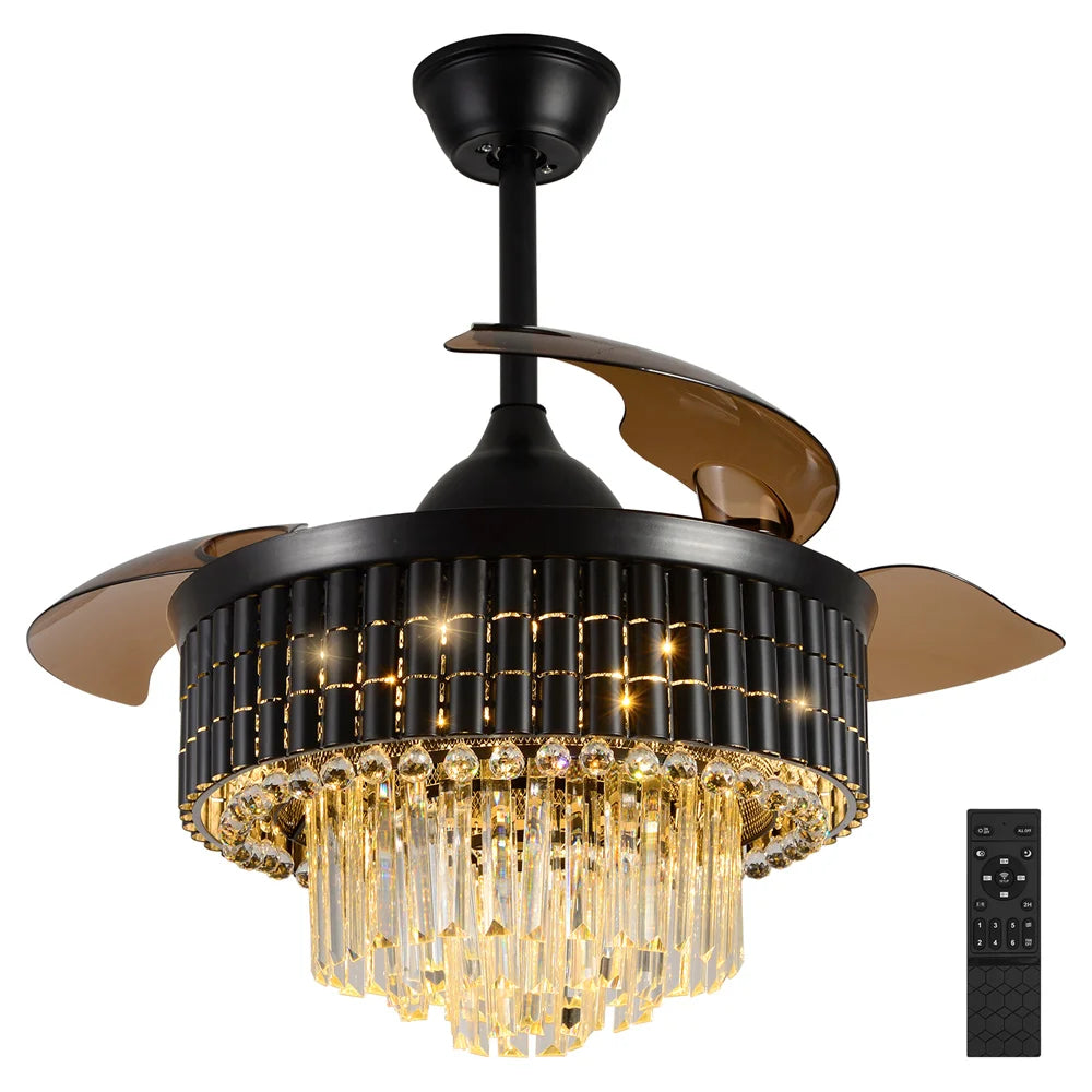 42 Inches Fandelier Ceiling Fan with Light Retractable Chandelier Fan Invisible Blades Dimmable Crystal Ceiling Fan for Bedroom