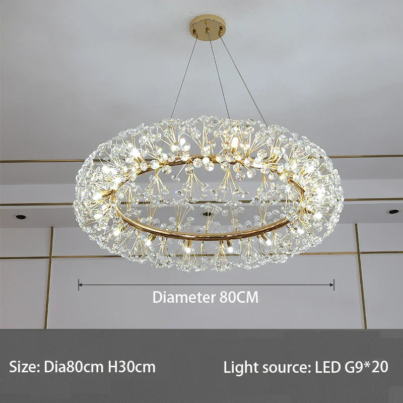 Elegant Modern Gold K9 Crystal Hanging Chandelier - A Luxury LED Fixture for Living and Dining Spaces