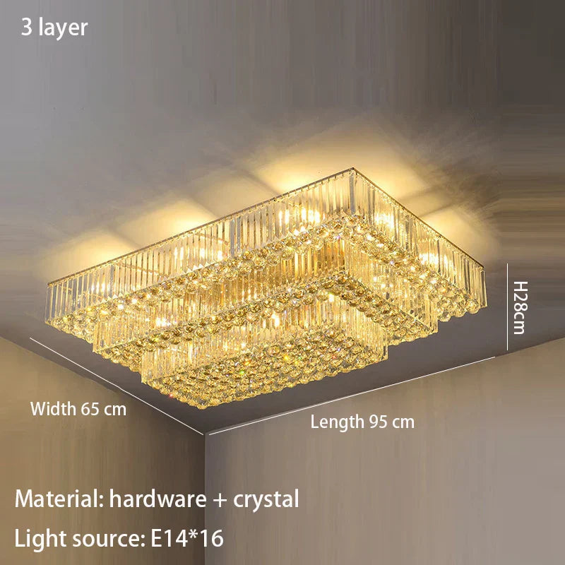 Modern Golden Rectangle Round Crystal Ceiling Light - Elegant LED Lighting for Living Rooms, Dining Rooms, and Bedrooms