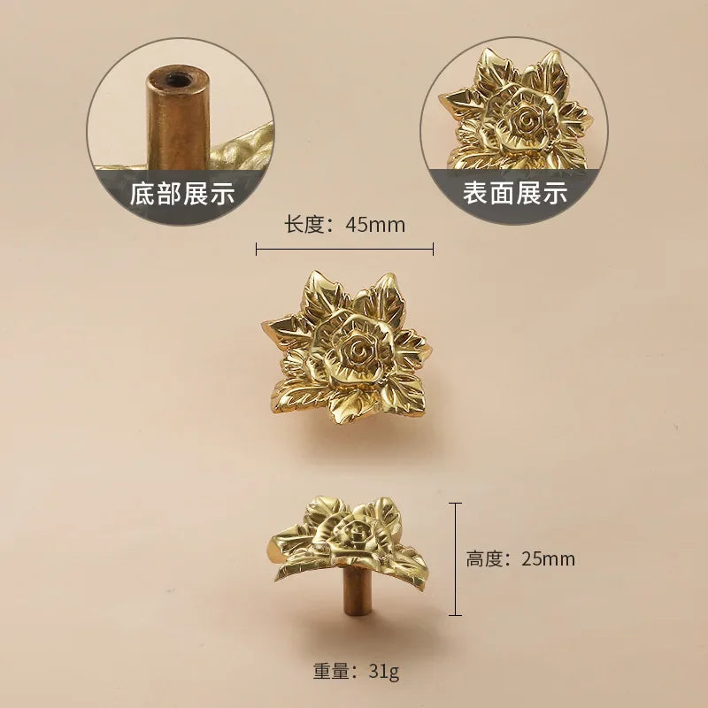 Luxury Brass Flower and Leaf Cabinet Handles – Chinese-Style Decorative Pulls for Wardrobes and Drawers