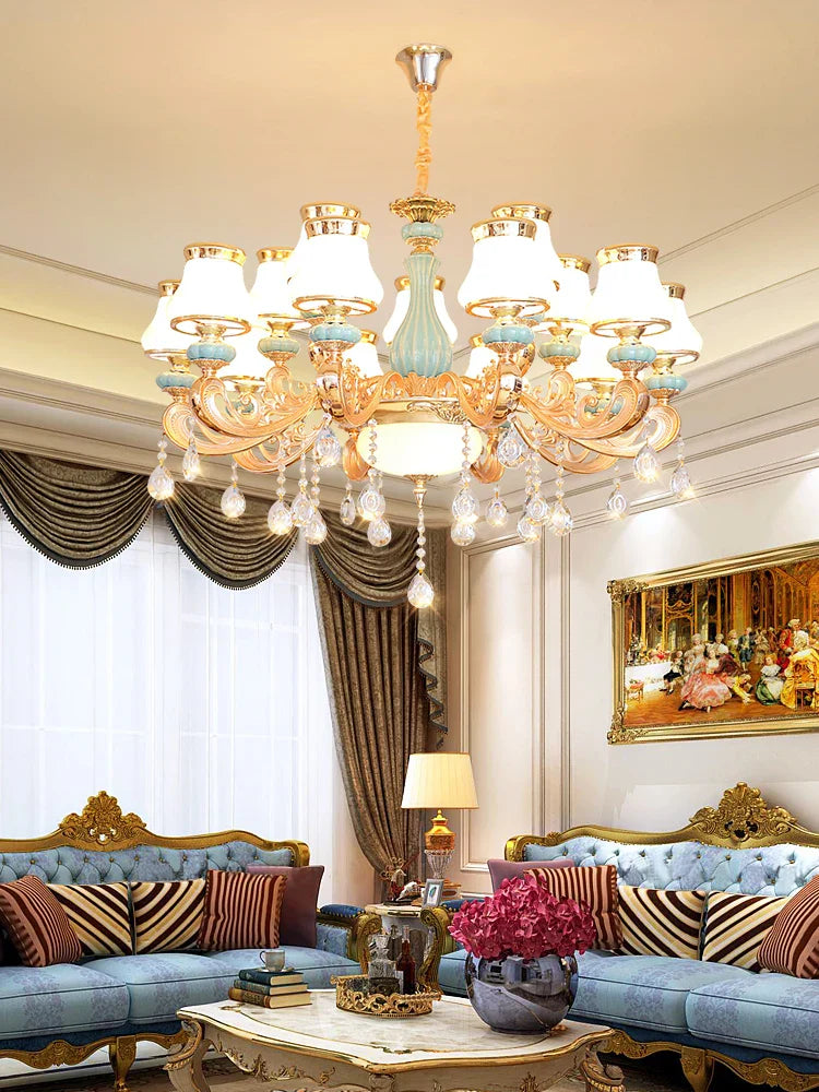 Elegant Blue Ceramic European Crystal Chandelier - Perfect for Living Rooms, Dining Rooms, and Bedrooms