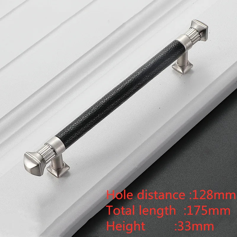 Modern Leather and Zinc Alloy Cabinet Handle – Elegant Drawer Pulls for Kitchen, Wardrobe, and Furniture (96mm)