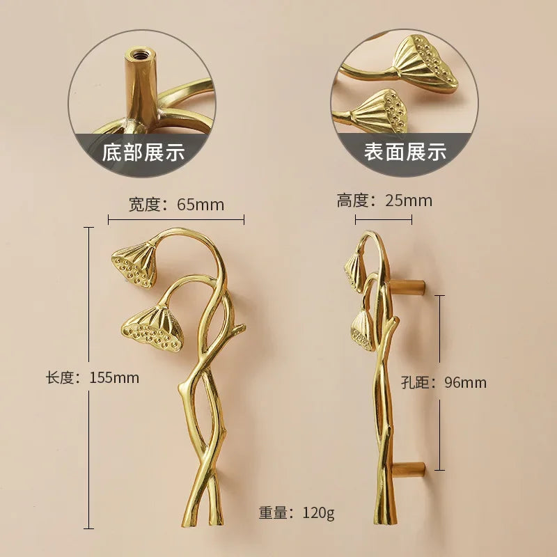 Luxury Brass Flower and Leaf Cabinet Handles – Chinese-Style Decorative Pulls for Wardrobes and Drawers
