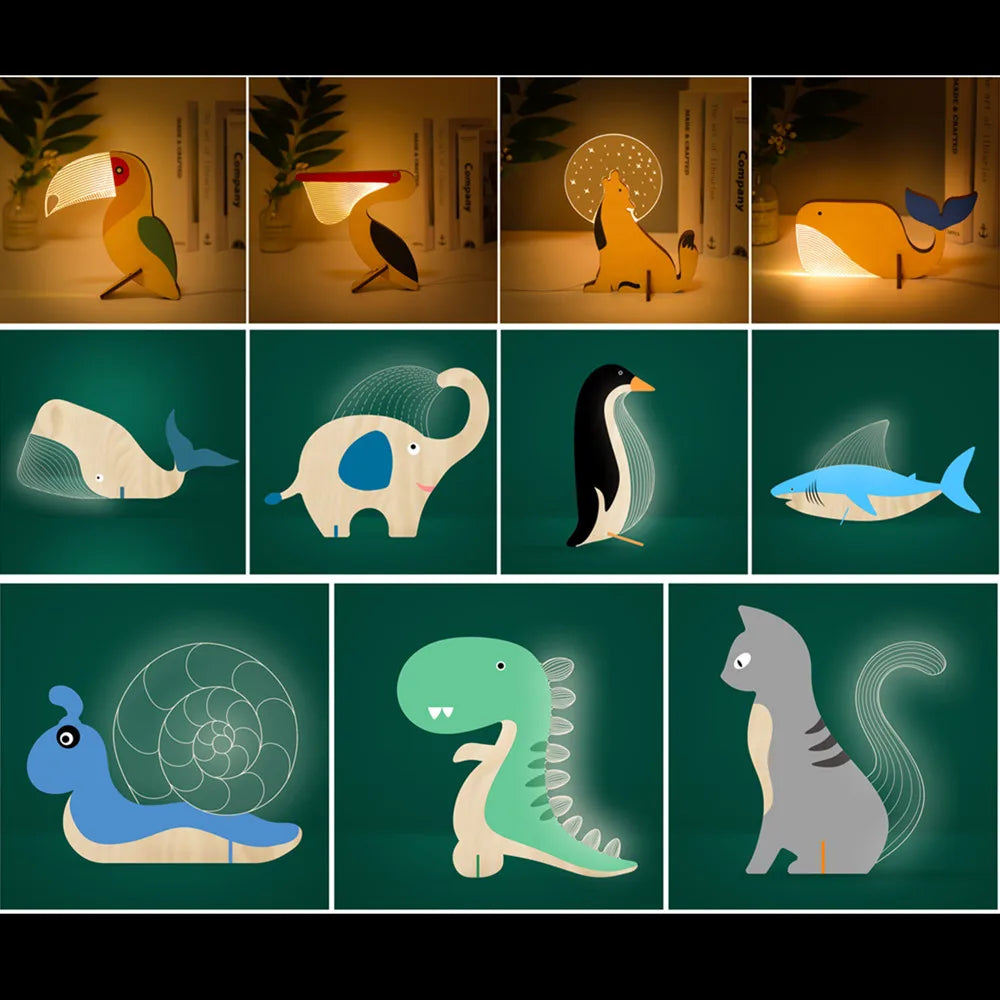 Wood and Acrylic Animals LED Night Light - Charming Decor for Children's Bedrooms