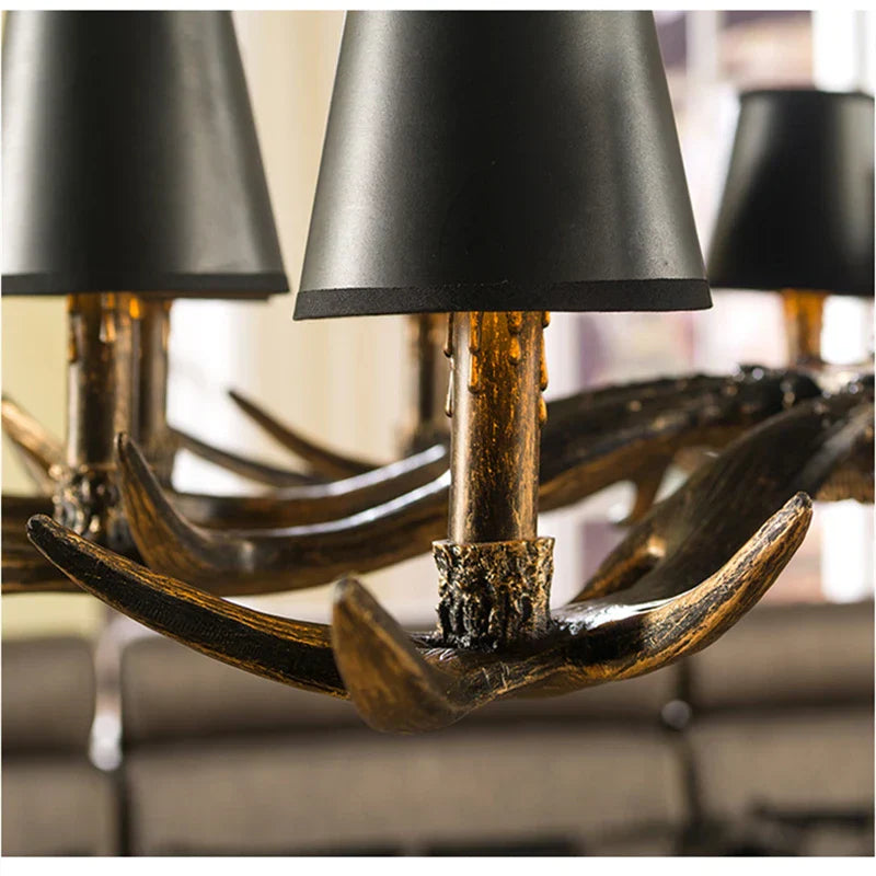 American Industrial Antler Chandelier with Vintage Black Lampshade - Perfect for Dining Rooms, Villas, and Living Spaces