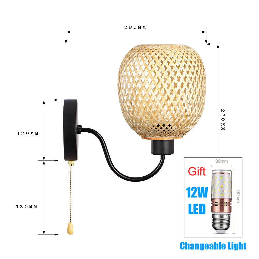 Vintage Rattan Bamboo Wall Sconce - Retro Lighting for Dining, Bedroom, and More