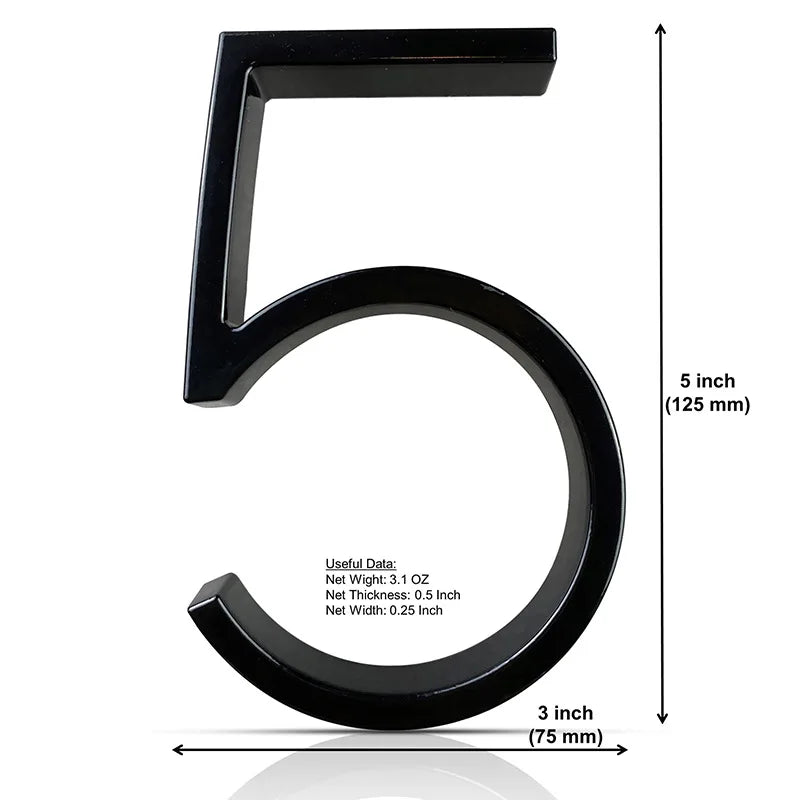 125mm 3D Black Zinc House Numbers – Arabic Numerals with Floating Doorplate Holder