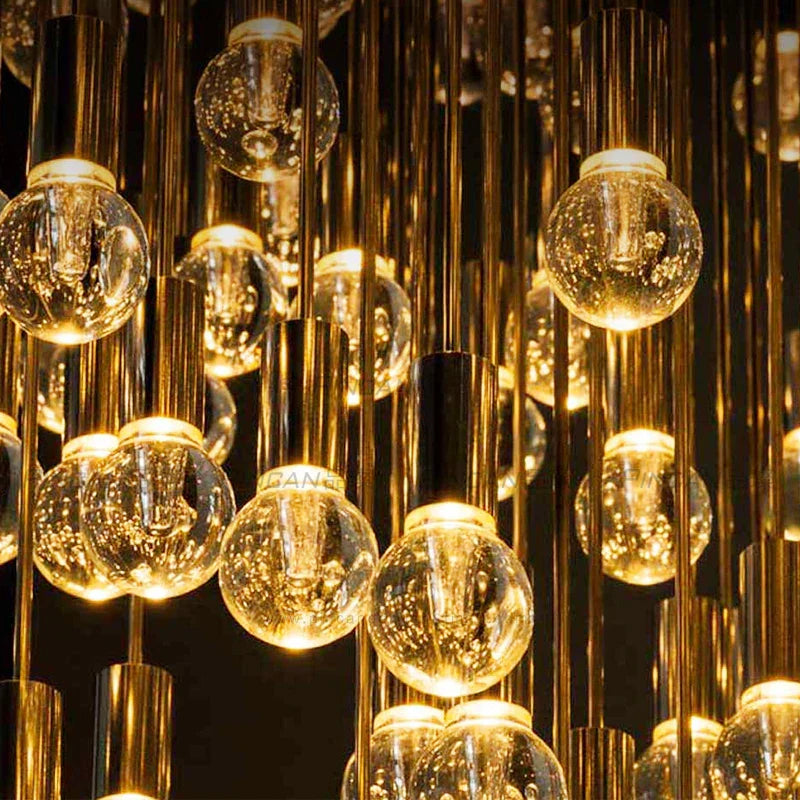 Exquisite Modern Long Staircase Chandelier - Large Gold LED Luxury Crystal Ball Fixture for Grand Living Spaces and Hotel Exhibitions
