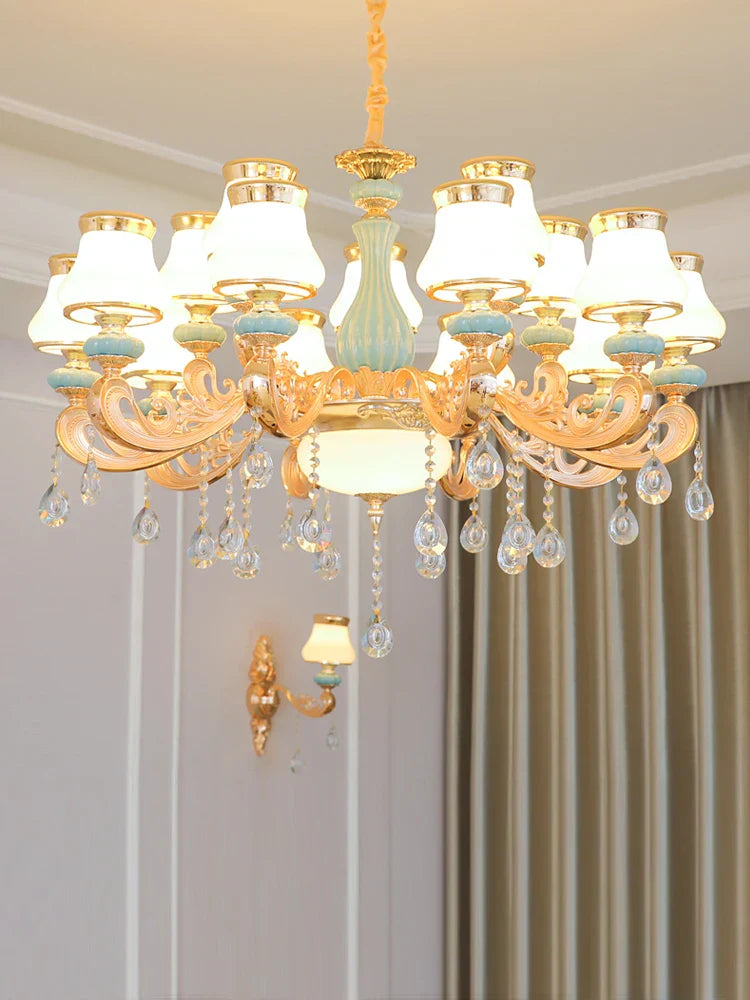 Elegant Blue Ceramic European Crystal Chandelier - Perfect for Living Rooms, Dining Rooms, and Bedrooms