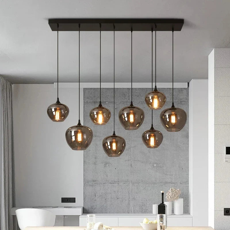 Smoky Grey LED Pendant Lights - Nordic Glass Chandelier for Dining, Living Room, Kitchen, and Bar