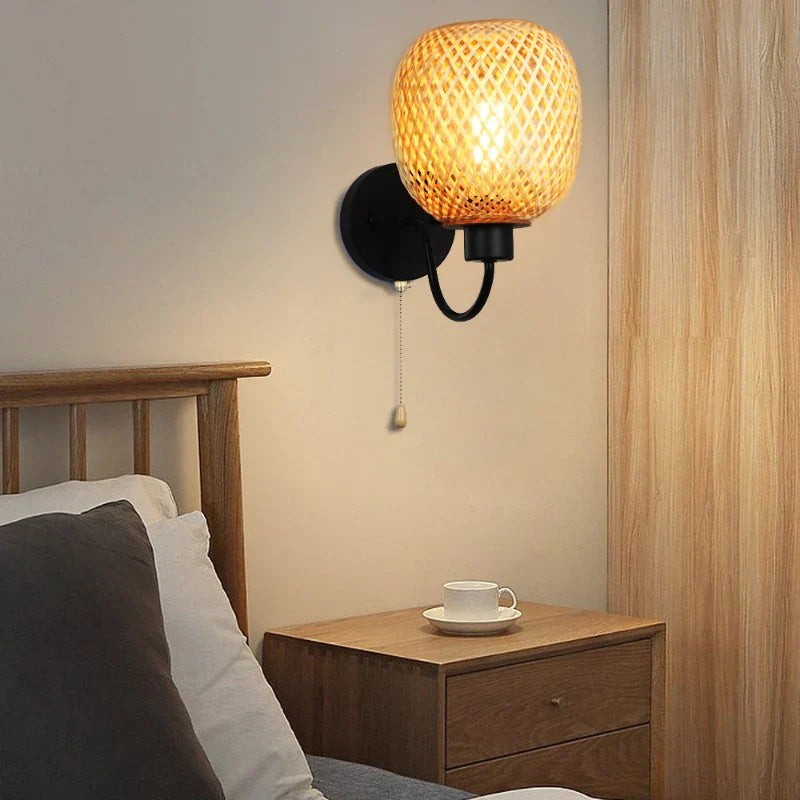 Vintage Rattan Bamboo Wall Sconce - Retro Lighting for Dining, Bedroom, and More