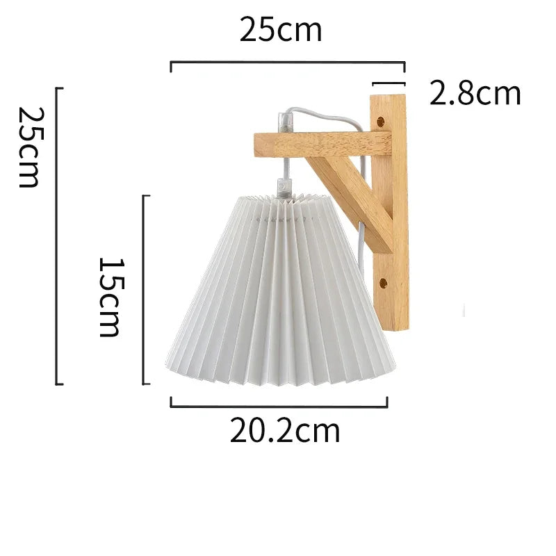 Nordic Pleated Solid Wood Wall Lamp with Plug - Simple and Stylish Lighting for Bedroom, Bedside, and Study