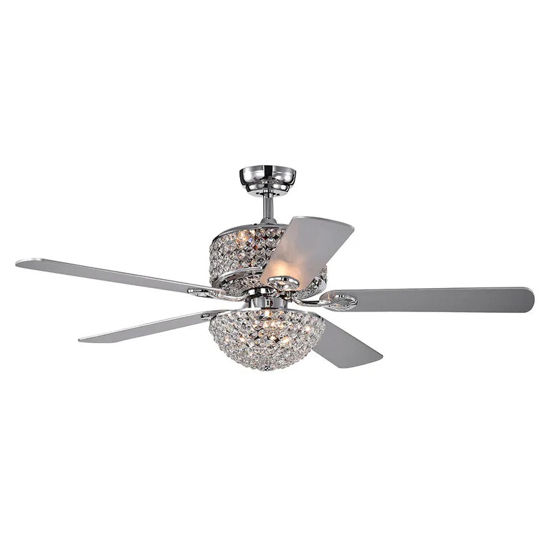 52 Inch Crystal Ceiling Fan with Lights Chrome Chandelier Remote Control Reversible Wood Blades for Living Room Bedroom