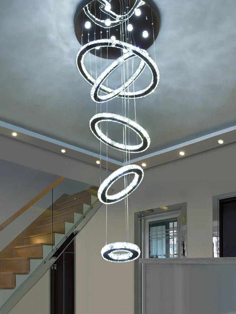 Modern Luxury Crystal Staircase Chandelier - Rings Design for Loft, Villa, and Lobby Indoor Lighting