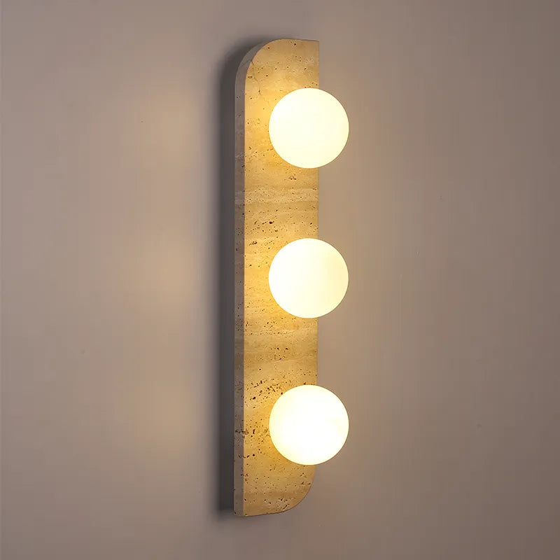 Retro Three-Head Natural Stone Art Wall Lamp - Yellow Travertine and White Glass Lampshade for Atmospheric Corridor Lighting