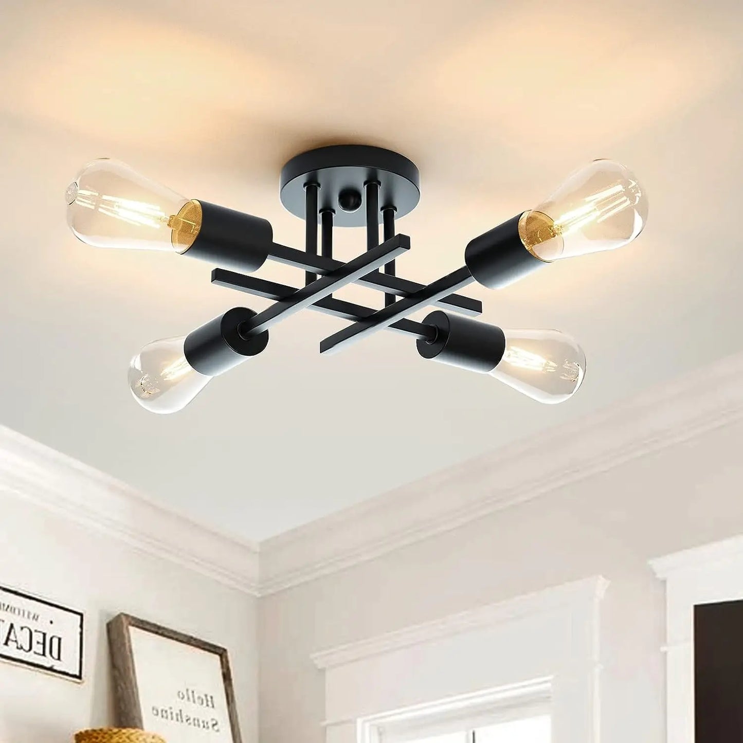 Sputnik Semi Flush Mount Chandelier - Contemporary Mid-Century Black Ceiling Light Fixture