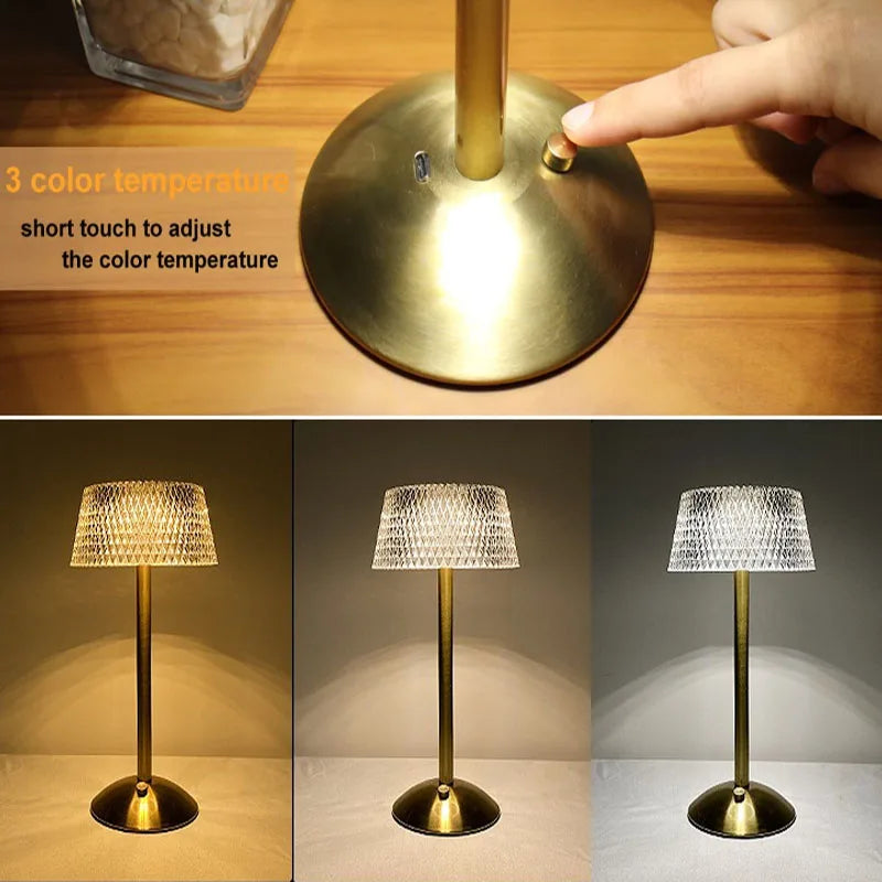 Crystal Diamond Table Lamp - Retro LED Bar Desk Lamp with USB Rechargeable Eye Protection Night Light