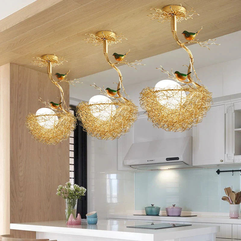 Modern LED Gold Bird's Nest Chandeliers - Illuminate Your Living, Dining, and Kitchen Spaces with Unique Elegance