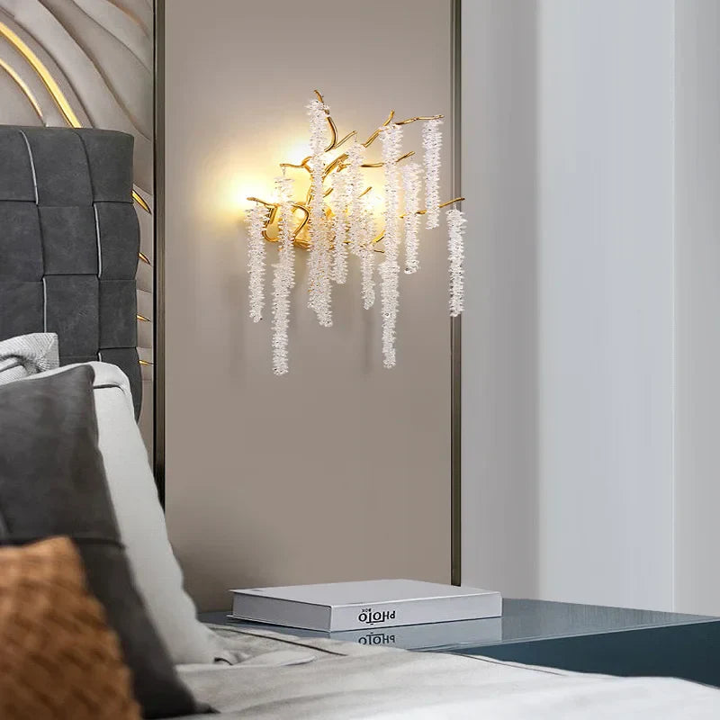 Modern Crystal G9 LED Wall Lights - Cherry Blossoms and Branches Sconce in Gold Aluminum, Designer Art Deco for Parlors, Bedrooms, and Dining Areas
