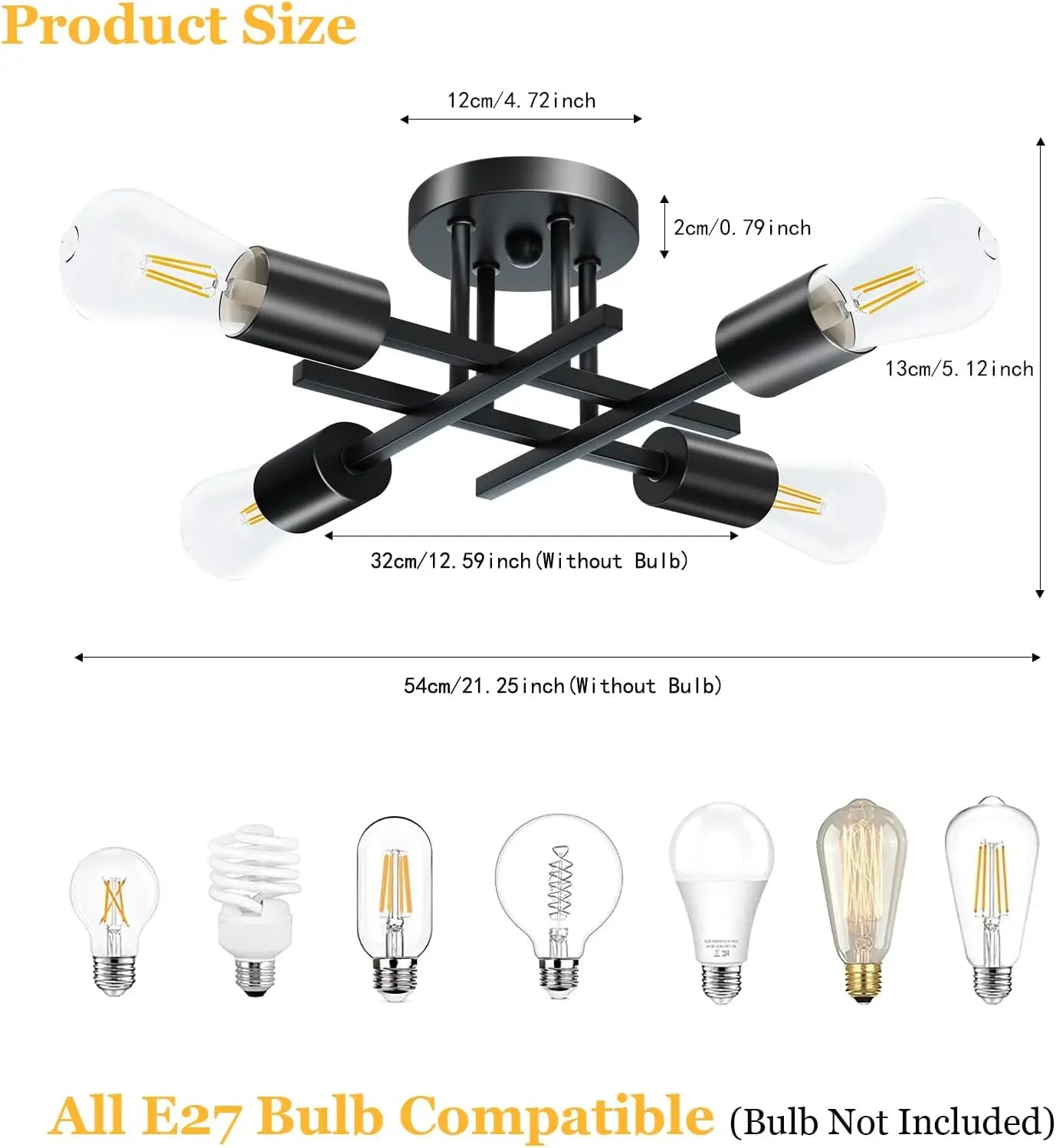 Sputnik Semi Flush Mount Chandelier - Contemporary Mid-Century Black Ceiling Light Fixture
