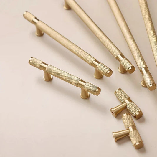 Gold Knurled Brass Handles – Textured Kitchen Cabinet Pulls and Wardrobe Knobs (50-500mm)