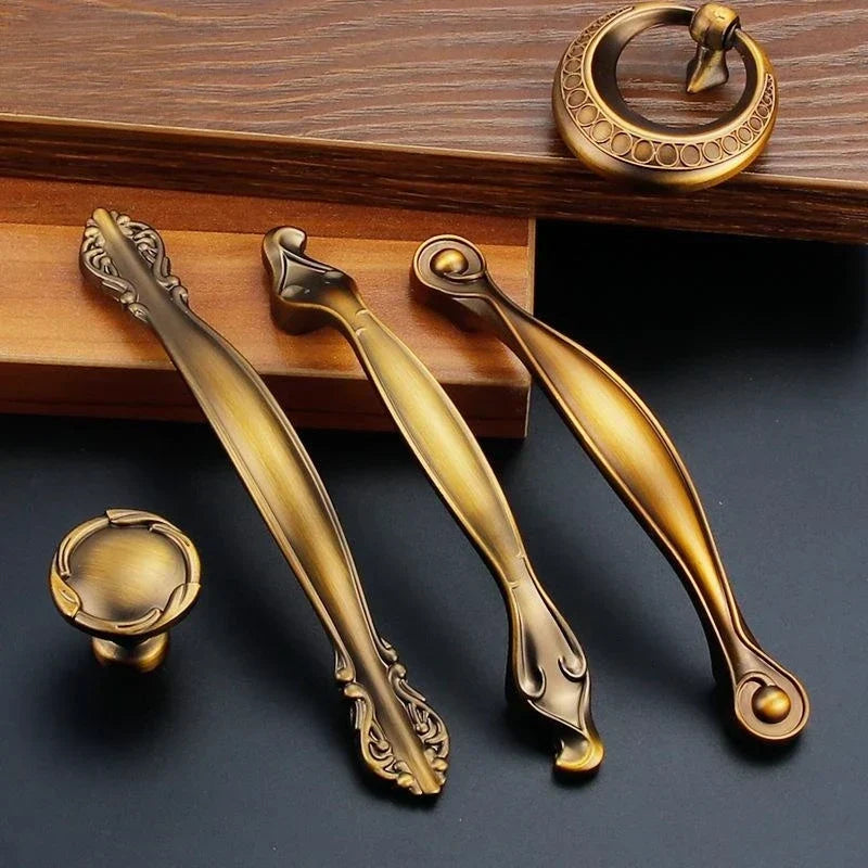 Antique Yellow Bronze Cabinet Handles - Brushed Vintage Drawer Pulls for Kitchen and Wardrobe Doors