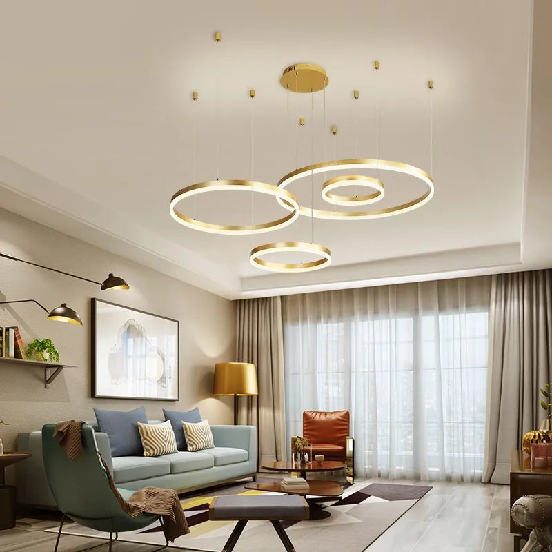 Modern LED Home Decor Chandelier Ring Light - Circular Fixtures for Home Living, Ceiling Pendant Lamp in Gold, Black, and Coffee