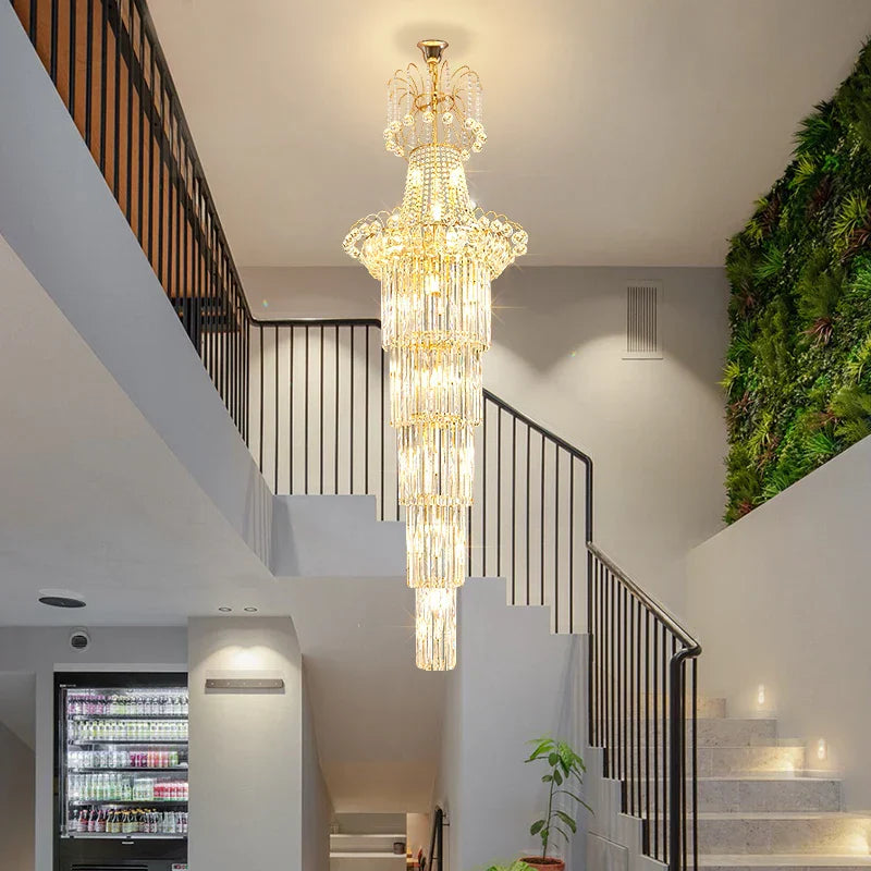 European-Style Duplex High Ceiling Chandelier - Golden Elegance for Grand Halls and Stairwell Luxury