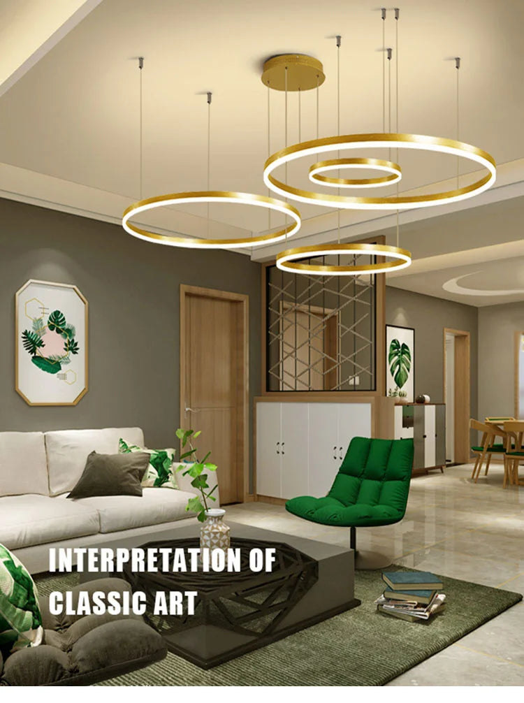 Modern LED Home Decor Chandelier Ring Light - Circular Fixtures for Home Living, Ceiling Pendant Lamp in Gold, Black, and Coffee