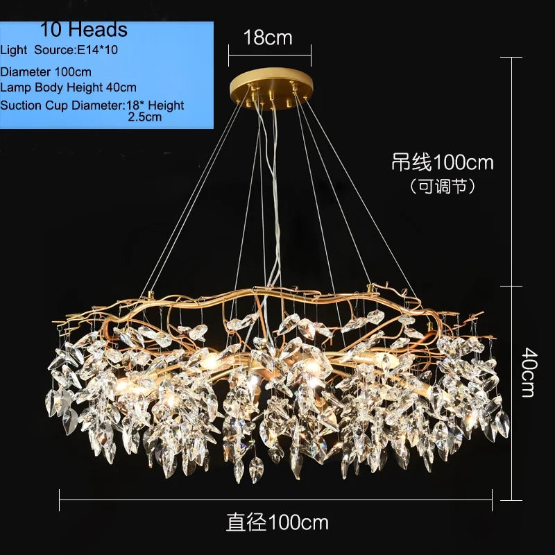 Elegant Long Gold K9 Crystal Chandelier - Ideal for Kitchen, Dining Room, Bedroom, and Living Room Ceiling Lighting, Featuring Branch-Style Chandeliers