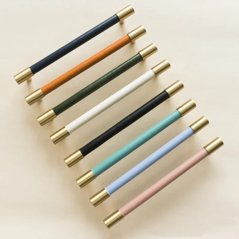 Solid Brass and Leather Cabinet Handles – Available in 15 Leather Colors
