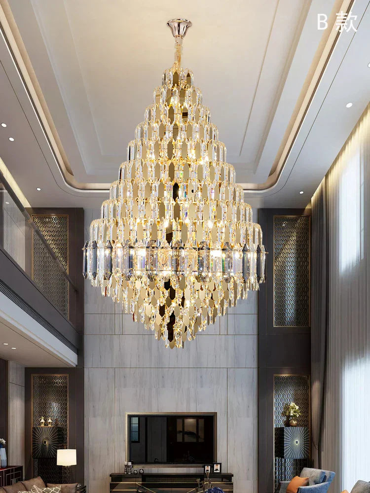 Luxurious Golden Amber Crystal Chandelier - Grand Decorative Lighting for Lobbies, Villas, Staircases, and Corridors