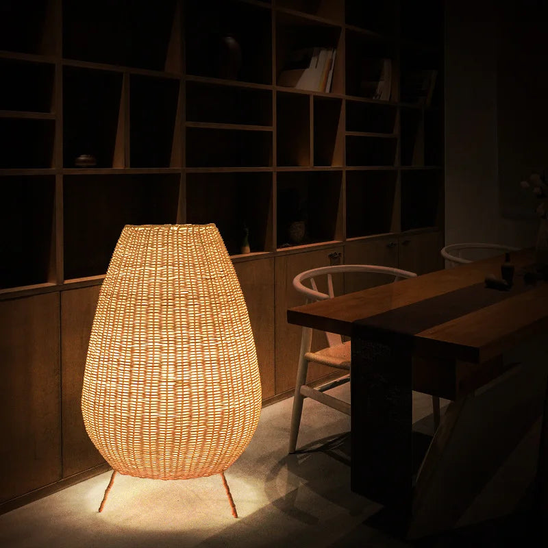 Asian Natural Rattan Floor Lamp - Versatile Indoor and Outdoor Lighting for Living Spaces