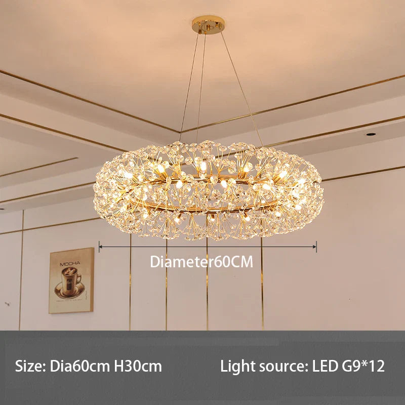 Elegant Modern Gold K9 Crystal Hanging Chandelier - A Luxury LED Fixture for Living and Dining Spaces