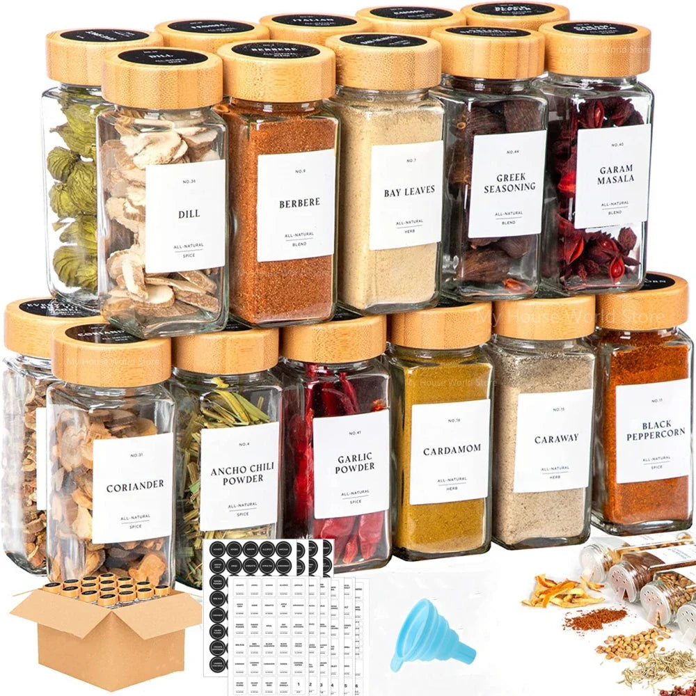 Glass Spice Jars with Bamboo Lids - Salt Pepper Shakers & Spice Organizer Set