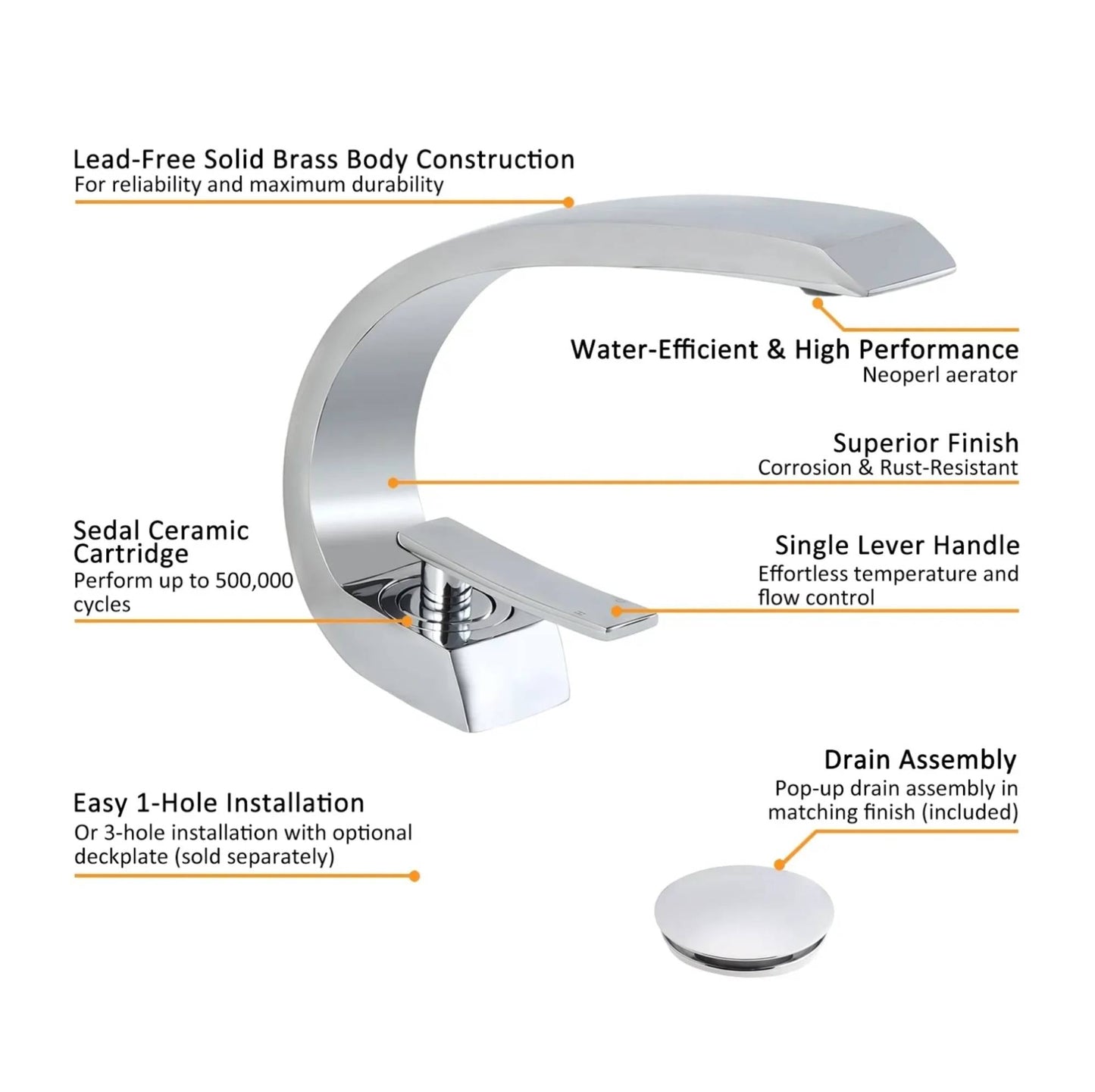 Chrome Bathroom Sink Faucet Single Handle Single Hole Lavatory Faucet with overflow pop up drain