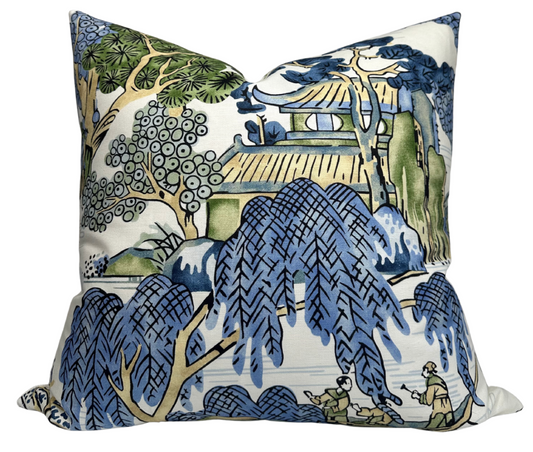 Asian Scenic Pillow Cover in Blue and Green